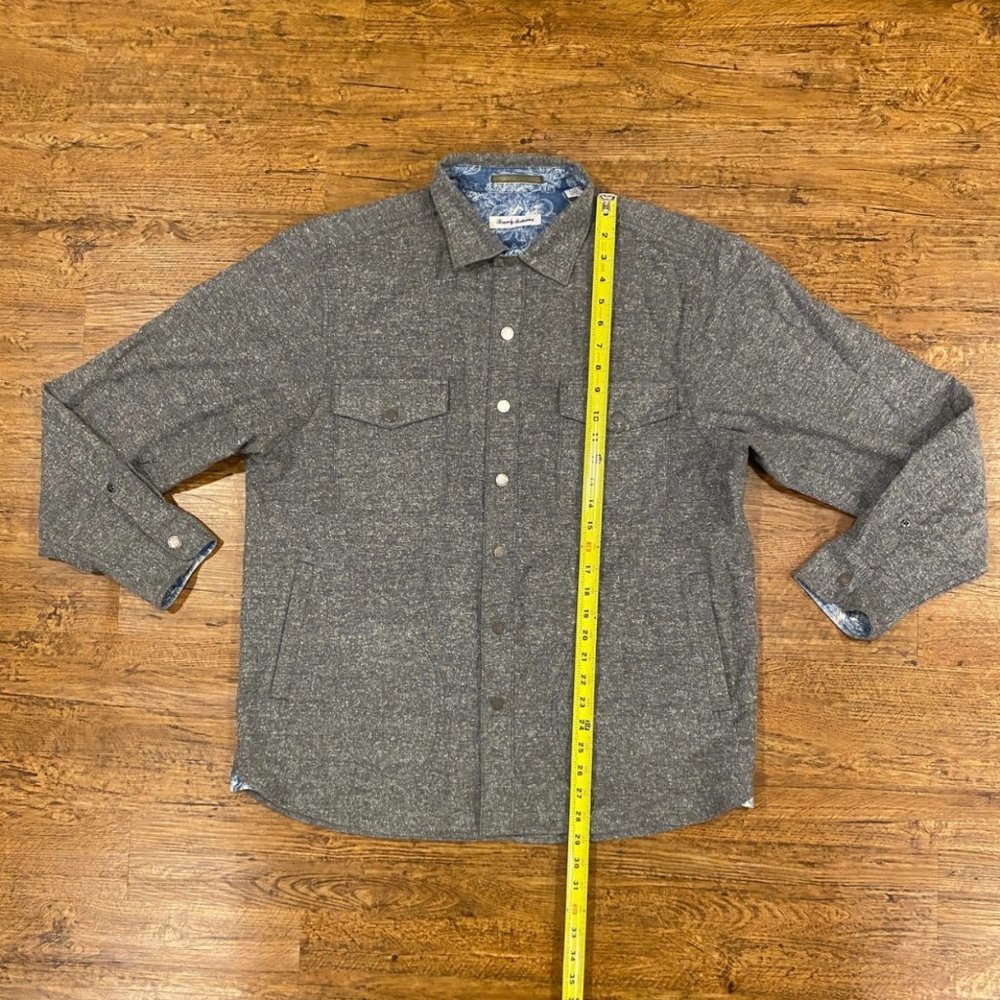 Tommy Bahama Gray Multi-Pocket Metal Snap Button Flannel Shirt Flip Cuff  Mens L - Picture 10 of 12